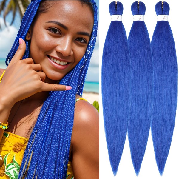 Blue Braiding Hair Pre Stretched 26inch 3 Packs Braiding hair Extensions Synthetic Crochet Braids, Hot Water Setting Professional Soft Yaki Texture. (26inch(3Packs),Blue#)