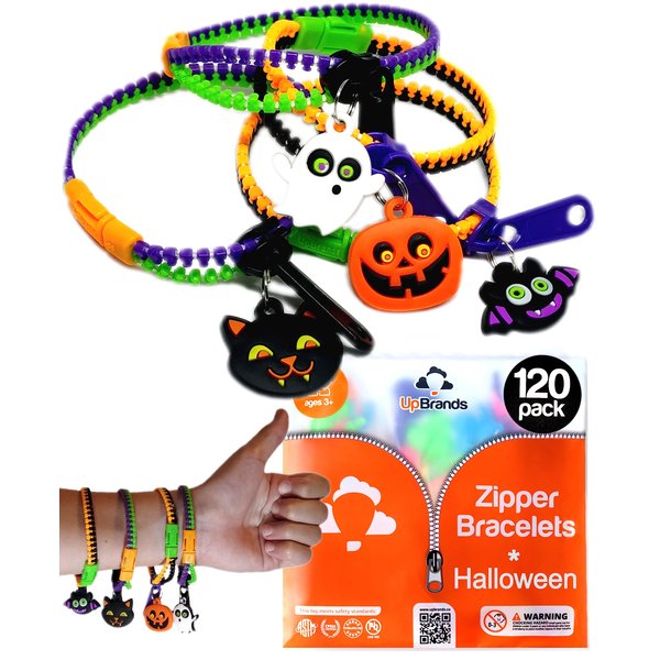 UpBrands 120-Pack Halloween Fidget Zipper Bracelets for Kids: Ideal Bulk Party Favors, Perfect for Birthdays, Goodie Bag & Pinata Fillers, Unique Sensory Toys, Friendship Jewelry & Stress Relief