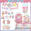 157pcs Four Ever Sweet Birthday Decorations Girl Include Banner, Hanging, Plates and Napkins, Tablecloth, Paper Cups, Forks, Straws, Donut 4th Birthday Balloons, for 4th Birthday Decorations Girl