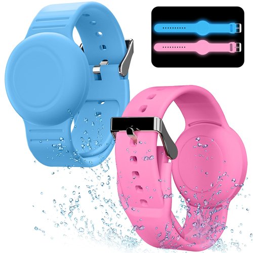 Waterproof Air Tag Bracelet for Kids(2 Pack), Soft Silicone Air Tag Hidden Wristband Kids, Lightweight GPS Tracker Compatible with Apple AirTag (Grow in Dark Blue & Pink)