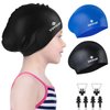 2 Pack Kids Swim Caps for Long/Short Hair, Unisex Silicone Swimming Cap for Age 3-15 Children Toddler Youth Teen, Waterproof Shower Cap Bathing Hats for Girls Boys with Ear Plugs & Nose Clip-8