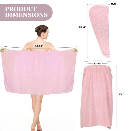 TOCOHO Women Microfiber Bath Wrap Towel and Hair Drying Towel - Adjustable Soft Body Wraps Dress with Hair Towel, Super Absorbent to Quick Drying Hair and Body (Pink)