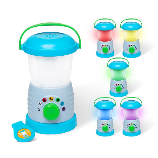Melissa & Doug Let’s Explore Light & Sound Camping Lantern Play Set, lantern, 3 double-sided cards to set the scene (cards store in bottom of lantern), collectible medallion