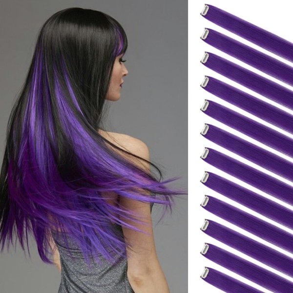 Felendy Colored Hair Extensions, 12 Pcs Purple Clip in Hair Extensions Highlight Colorful Straight Hairpieces Daily Party Costumes Synthetic Piece for Women Kids Girls Halloween