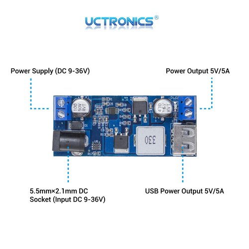 UCTRONICS DC 9V 12V 24V to DC 5V 5A Buck Converter Module, 9-36V Step Down to USB 5V Transformer Dual Output Voltage Regulator Board [2 Pack]