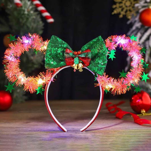 CASDRE Christmas Light up Mouse Ear Headband Xmas Bow Hair Hoop Bell Sparkle Headbands Party Hair Accessories for Women and Girls (B Green Red)