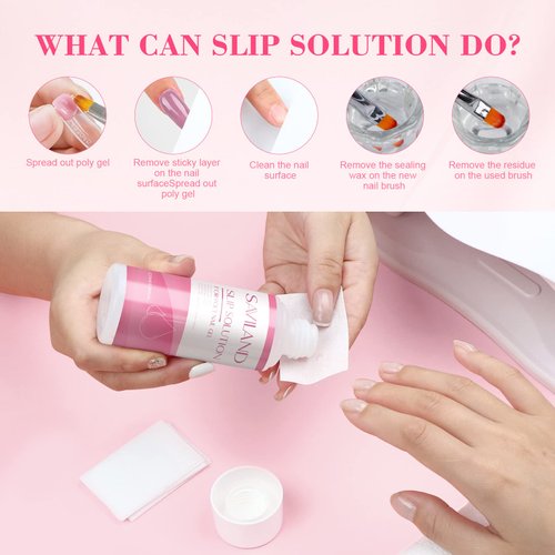 Saviland 120ml Slip Solution for Poly Gel Nails Liquid Anti-stick Gel Solution Kit for Beginners Nail Extension Gel with Nail Brush Cup Nail Cleaner for Easy DIY Poly Gel Nail Art