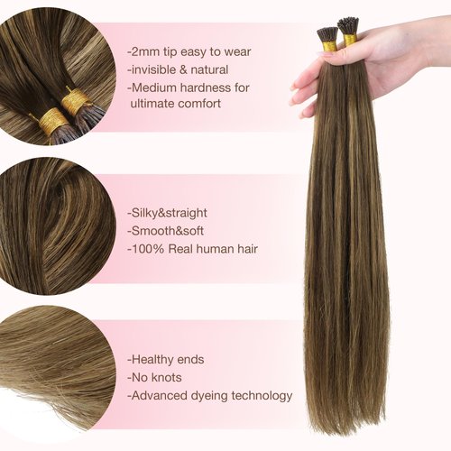GOO GOO I Tip Hair Extensions Real Human Hair, 16inch 50g 100S, Cold Fusion I Tip Hair Extensions, Invisible Remy Hair Extensions, 4/27/4 Balayage Chocolate Brown to Caramel Blonde