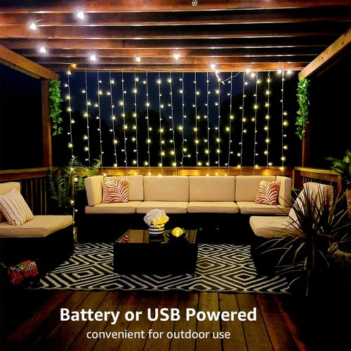 Lighting EVER Curtain Lights Battery Operated & USB Plug in, Remote, 10 x 10 ft Hanging Fairy Lights for Bedroom Wall, 300 LED Indoor Outdoor Backdrop Lights for Wedding Party, Patio Gazebo