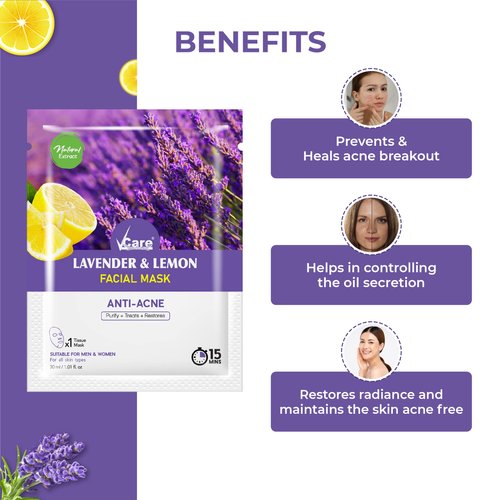 VCare Lavender Anti Acne Sheet Mask Best Self Skin Care Skin Tone and Hydrated Sheet Mask for All Skin Types Natural Home Spa Treatment Masks For Men and Women (Pack of 3)