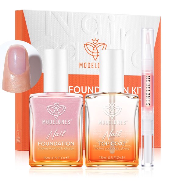 modelones Nail Natural Concealer Set, 15ml Nail Polish Foundation with Top Coat & Cuticle Oil, Nail Care Imperfection Masking Kit, Sparkle Pink