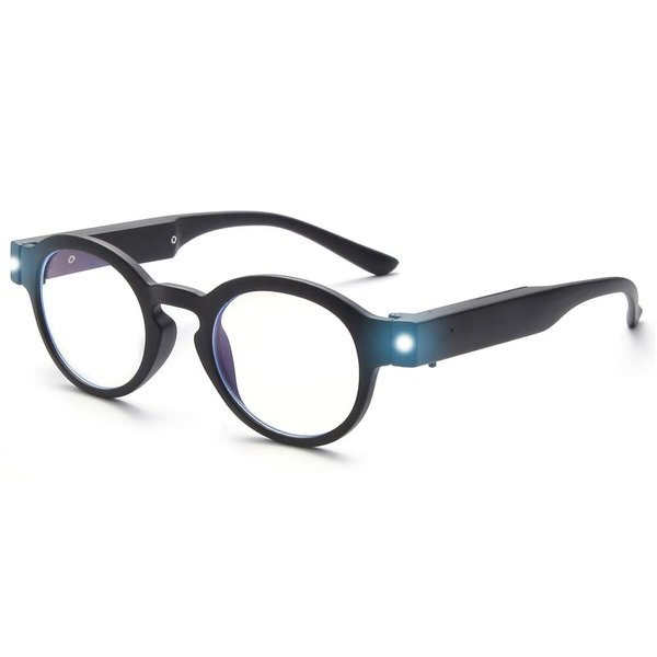 OuShiun Reading Glasses with Light Bright LED Readers Blue Light Blocking Anti Eyestrain Round Eyeglasses Nighttime(Black, 1.0)