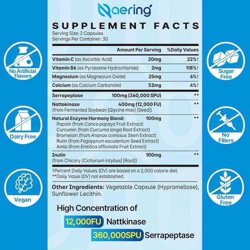 Liposomal Nattokinase 12,000 FU Serrapeptase 360,000 SPU Enzyme Supplement - Enriched with Synergistic Enzymes and Nutrient Blend & Inulin for Circulatory, Gut, Digestion 60 Capsules (1 Bottle)