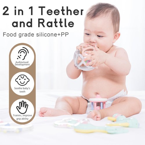AULEGE Baby Rattle Teether Toys, Infant Sensory Teething Toys, Silicone Chew Toy with Rattles for Babies 0-3-6-12 to 18 Months, Boys Girls Baby Shower Gifts(Cream)