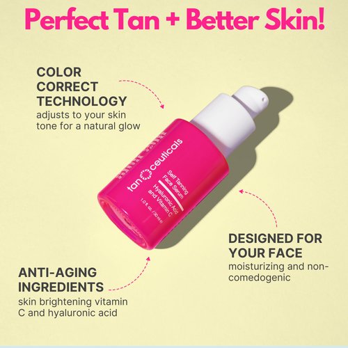 Tanceuticals Self Tanning Face Serum - Color-Correcting and Hydrating with Vitamin C & Hyaluronic - Facial Self Tanner for Natural Looking & Long Lasting Sunless Tan - 1 oz (Dark)