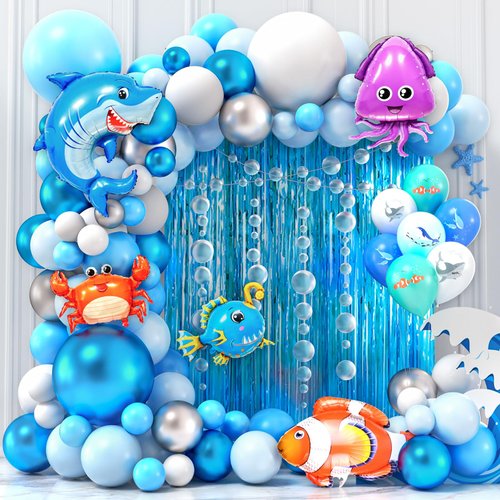 Winrayk Under the Sea Party Decorations Ocean Theme Birthday Supplies Blue Balloon Arch Fringe Curtain Bubble Garland Ocean Animals Print Balloon Kids Pool Beach Party Ocean Birthday Party Decorations