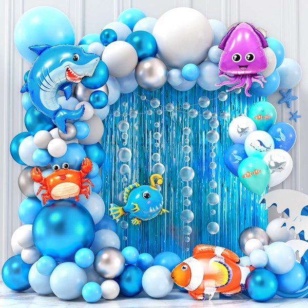 Winrayk Under the Sea Party Decorations Ocean Theme Birthday Supplies Blue Balloon Arch Fringe Curtain Bubble Garland Ocean Animals Print Balloon Kids Pool Beach Party Ocean Birthday Party Decorations
