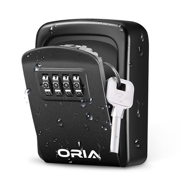 ORIA Key Lock Box, 4 Digit Combination Key Storage Lock Box, Wall Mounted Key Safe Box, 5 Keys Capacity Weatherproof for Indoor Outdoor, 3.66 inch, Black, No Shackle