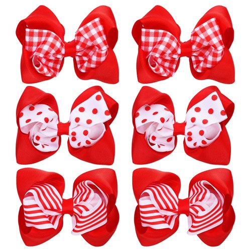 Whaline 6Pcs Red White Uniform Hair Bow Clips Red Plaid Stripe Dot Hair Barrettes Grosgrain Ribbon Alligator Clips for School Hair Accessories Xmas Party, 3 Styles