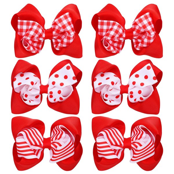 Whaline 6Pcs Red White Uniform Hair Bow Clips Red Plaid Stripe Dot Hair Barrettes Grosgrain Ribbon Alligator Clips for School Hair Accessories Xmas Party, 3 Styles