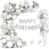 FBQ 111 Pcs Silvery Happy Birthday Birthday Balloons Banner White Silver Confetti Latex Balloons Silver White Theme Kid's Birthday Party Wedding Decorations Supplies