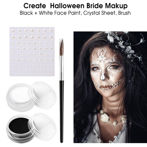 BOBISUKA Black White Face Paint Bride Makeup Kit, Halloween Makeup Kit Includes Black & White Face Paint, Brush, Costume Accessories Crystal Sheet for Halloween Party Costume Skeleton SFX Makeup