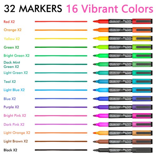 Shuttle Art Dry Erase Markers, 32 Pack 16 Colors Magnetic Whiteboard Markers with Erase, Fine Point Dry Erase Markers Perfect For Writing on Whiteboards,Mirrors for School Office Home
