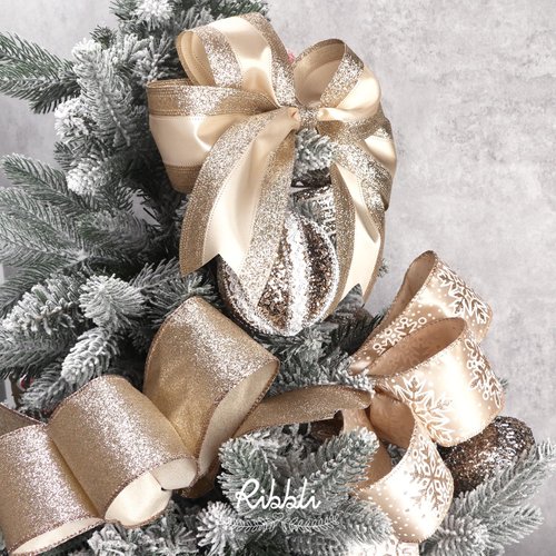 Ribbli Champagne Gold Wired Ribbon Satin with Glitter Edge 2.5 Inch Champagne Christmas Ribbon for Tree Gift Wrapping Wreaths Garland Topper Bows Crafts Home Decor -10 Yards