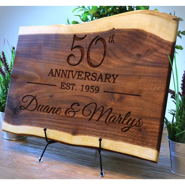 Personalized Cutting Board Wedding Gift Walnut Live Edge Artisan Rustic Display Unique Custom Engraved Anniversary Bride Groom Newlywed Couple Parents Housewarming Christmas (Anniversary Years Choice)