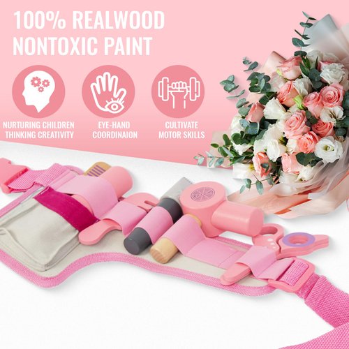 WoodenEdu Wooden Hair Salon Toys for Girls, Pretend Play Beauty Salon Set with Realistic Accessories, Blow Dryer, Straightener, Tool Belt and Styling Accessories