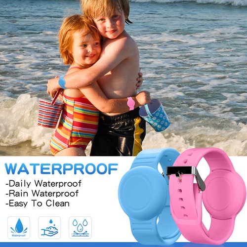 Waterproof Air Tag Bracelet for Kids(2 Pack), Soft Silicone Air Tag Hidden Wristband Kids, Lightweight GPS Tracker Compatible with Apple AirTag (Grow in Dark Blue & Pink)