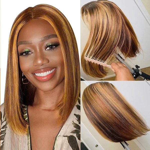 Highlight Ombre Bob Wig Human Hair 12 Inch Colored 4/27 Honey Blonde Bob Human Hair Wigs for Women 13x4 Transparent Lace Frontal Wigs Straight Short Bob Wigs Pre Plucked with Baby Hair 180% Density