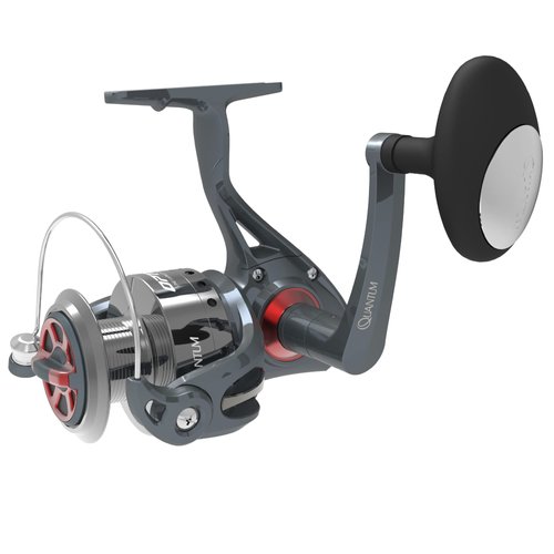 Quantum Optix Spinning Fishing Reel, Size 60 Reel, Changeable Right- or Left-Hand Retrieve, Aluminum Spool, Stainless Steel Bail Wire, QuickSet Anti-Reverse, 4.9:1 Gear Ratio, Silver, Clam Packaging