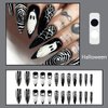 Halloween Horror Ghost Press on Nails Long Pointed Fake Nails Black White Stripe Spider Web Halloween Nail Art Designs Full Cover Glue on Nails Glossy Reusable Artificial False Nails for Women 24Pcs