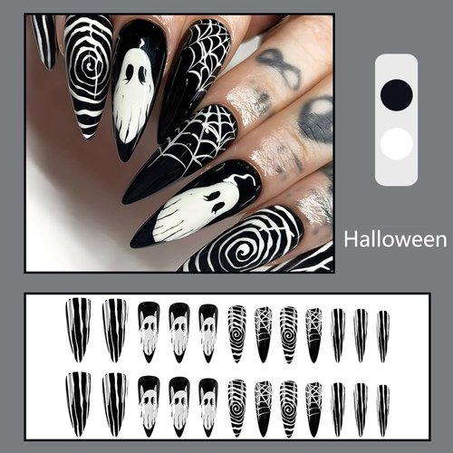 Halloween Horror Ghost Press on Nails Long Pointed Fake Nails Black White Stripe Spider Web Halloween Nail Art Designs Full Cover Glue on Nails Glossy Reusable Artificial False Nails for Women 24Pcs