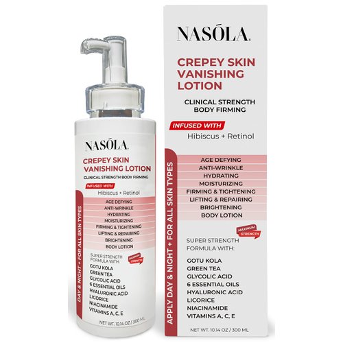 Nasola Crepe Erase Advanced Body Repair Treatment Lotion with Retinol and Hibiscus, Skin Tightening and Lifting Cream Moisturizer for Dry Aging Skin includes Vitamin A, E, C, and Green Tea, 10.14 Oz