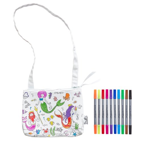 eatsleepdoodle Mermaid Coloring Crossbody Bag for Kids w/ 10pk Washable Markers for Kids - 8.5x7in Kids Coloring Crossbody Bag