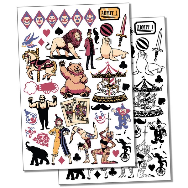 Circus Carnival Clowns Temporary Tattoo Water Resistant Fake Body Art Set Collection - Black (One Sheet)