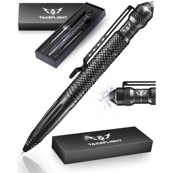 TF TAKEFLIGHT Tactical Pen Multitool – Gifts For Men Dad - Diamond Thread Grip, Strong Rugged Aluminum EDC Survival Gear, Pocket Military Writing Glass Breaker, Pen Collection - Black Card