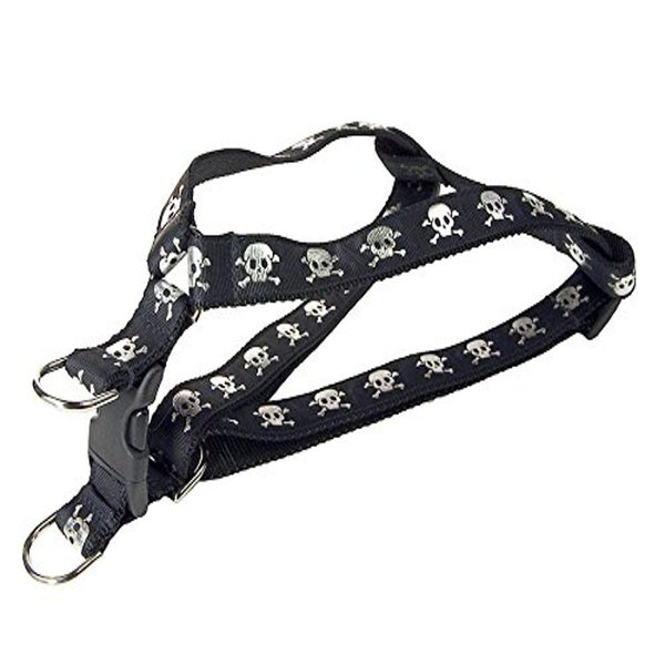 Medium Black Reflective Skull Dog Harness: 3/4" wide, Adjusts 18-24" - Made in USA.