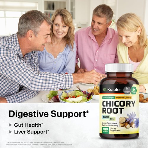 BIO KRAUTER Chicory Fiber Supplement - Chicory Root Powder 1200 mg - Inulin Capsules for Digestion Health Support - 100 Vegan Caps