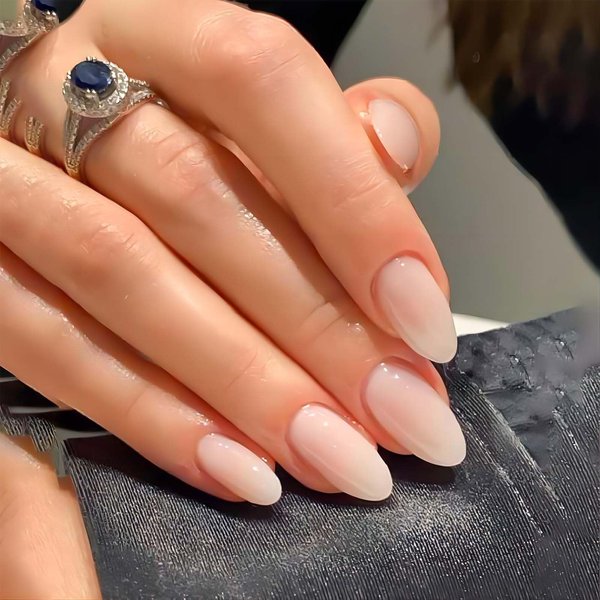 RUOKEXIN Press on Nails Almond Short Fake Nails with Glue Pink White Ombre Acrylic False Nails with Designs Glossy Artificial Nail Press ons Reusable Natural Stick on Nails for Women Fingernails Set