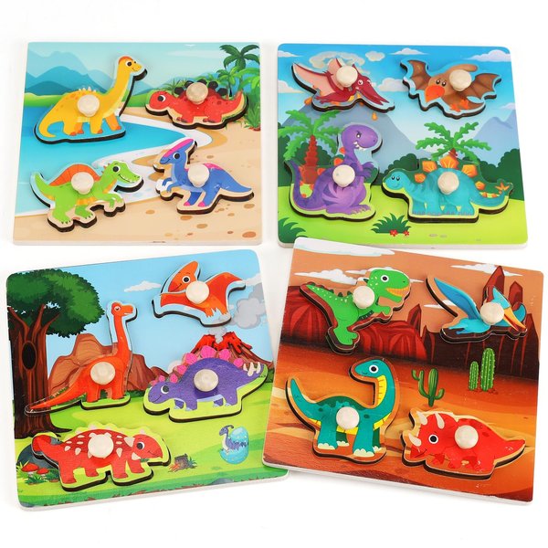 Wooden Peg Puzzles for Toddlers 1-3, Kids Educational Preschool Peg Puzzle Toy Ages 2-4, Set of 4 Dinosaur Toddler Puzzles, Ideal Gift for Ages 1 2 3 4 Boys and Girls
