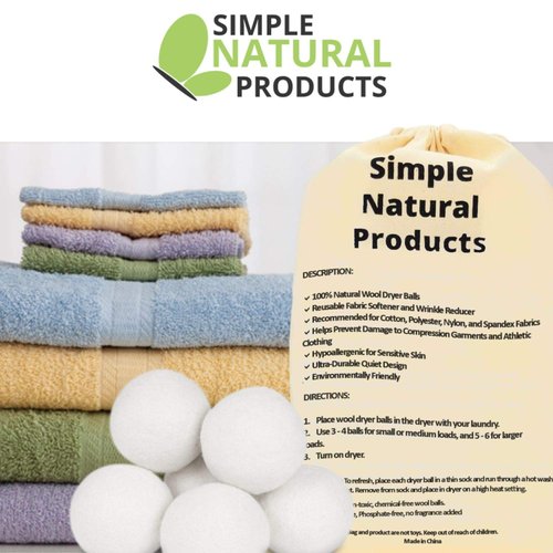 Simple Natural Products Wool Dryer Balls - Fabric Softener and Dryer Sheets for Laundry Supplies – Reusable Wrinkle and Static Guard Wool Balls – Unscented for Sensitive Skin (6 XL Pack)