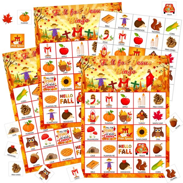 Shappy 39 Pcs Fall Bingo Game Cards Sets for Adults 28 Players Fall Festival Party Games Autumn Bingo Cards for School Classroom Family Activities Thanksgiving Party Supplies Decoration(Christian)