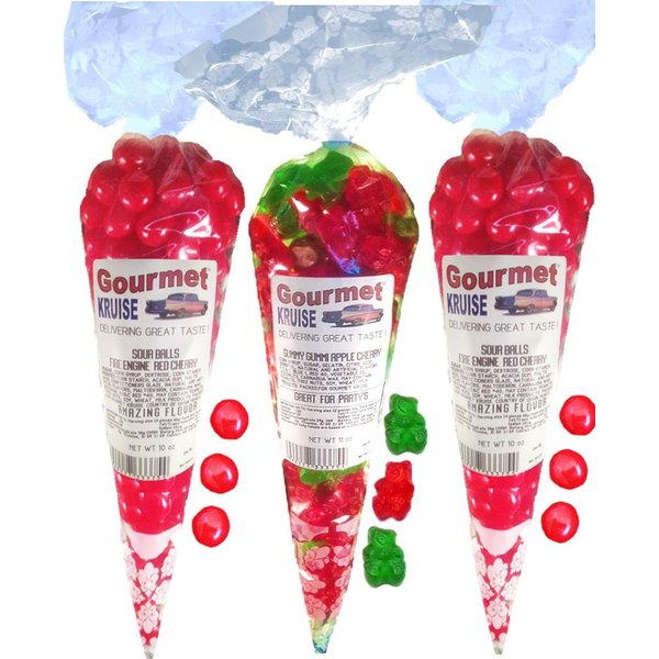 Sour Balls (2) Fire Engine Red Cherry (1) Green Apple Wild Cherry Gummi Gummy Bears (NET WT 31 OZ) Gourmet Kruise Signature Gift Bags