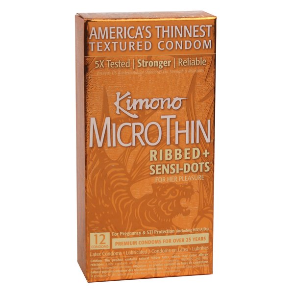 Kimono MicroThin Ribbed with Sensi-Dots - Textured Lubricated Condoms, Snug Form-Fit, Natural Latex Condoms, Vegan-Friendly, No Latex Odor - Enhanced Sensitivity - Pack of 12