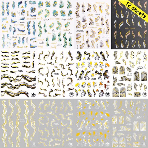 VOTACOS 12 Sheets Nail Art Stickers Decals White Black Gold Stripe Line Nail Decals Self-Adhesive Marble Wave Nail Art Supplies for Nail Decorations 3D Nail Accessories for Women French Nail Design