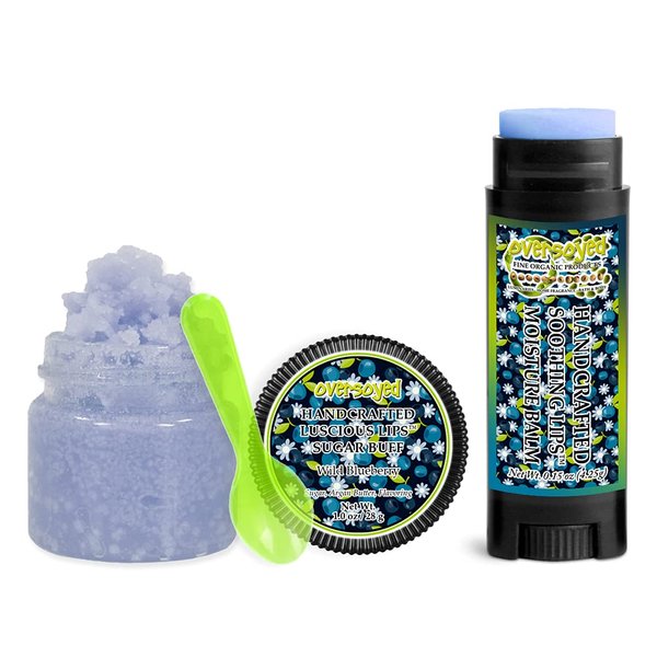 Wild Blueberry Soothing & Luscious Lips by OverSoyed Exfoliator & Chapped Lip Repair Lip Care Combo | Artisan Handcrafted to Order Wild Berry Sweet Raspberry Floral Jasmine Vanilla Flavored Exfoliating Sugar Lip Scrub & Lip Moisturizer Balm Gift Set