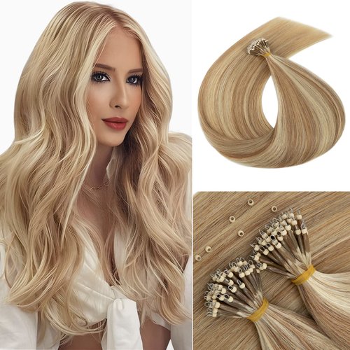MY-LADY Nano Bead Hair Extensions Human Hair Invisible Nano Ring Hair Extensions Pre Bonded Cold Fushion Natural Nano Tips Extensions 50 Strands 50g 16 Inch #12P613 Golden Brown&Bleach Blonde